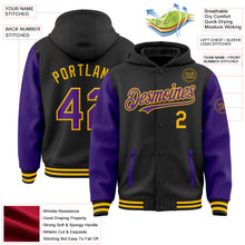 Загрузить изображение в средство просмотра галереи, Custom Black Purple-Gold Bomber Full-Snap Varsity Letterman Two Tone Hoodie Jacket
