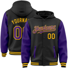 Загрузить изображение в средство просмотра галереи, Custom Black Purple-Gold Bomber Full-Snap Varsity Letterman Two Tone Hoodie Jacket
