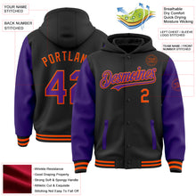 Загрузить изображение в средство просмотра галереи, Custom Black Purple-Orange Bomber Full-Snap Varsity Letterman Two Tone Hoodie Jacket
