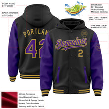 Загрузить изображение в средство просмотра галереи, Custom Black Purple-Old Gold Bomber Full-Snap Varsity Letterman Two Tone Hoodie Jacket
