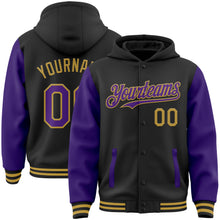 Загрузить изображение в средство просмотра галереи, Custom Black Purple-Old Gold Bomber Full-Snap Varsity Letterman Two Tone Hoodie Jacket
