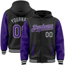 Загрузить изображение в средство просмотра галереи, Custom Black Purple-Gray Bomber Full-Snap Varsity Letterman Two Tone Hoodie Jacket
