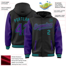 Загрузить изображение в средство просмотра галереи, Custom Black Purple-Teal Bomber Full-Snap Varsity Letterman Two Tone Hoodie Jacket
