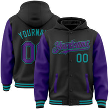 Загрузить изображение в средство просмотра галереи, Custom Black Purple-Teal Bomber Full-Snap Varsity Letterman Two Tone Hoodie Jacket
