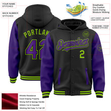 Загрузить изображение в средство просмотра галереи, Custom Black Purple-Neon Green Bomber Full-Snap Varsity Letterman Two Tone Hoodie Jacket
