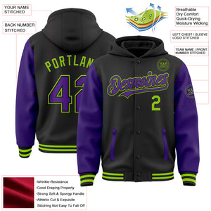 Custom Black Purple-Neon Green Bomber Full-Snap Varsity Letterman Two Tone Hoodie Jacket