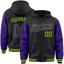 Загрузить изображение в средство просмотра галереи, Custom Black Purple-Neon Green Bomber Full-Snap Varsity Letterman Two Tone Hoodie Jacket
