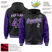 Загрузить изображение в средство просмотра галереи, Custom Black Purple-White Bomber Full-Snap Varsity Letterman Two Tone Hoodie Jacket
