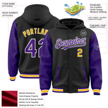 Загрузить изображение в средство просмотра галереи, Custom Black Purple-Gold Bomber Full-Snap Varsity Letterman Two Tone Hoodie Jacket
