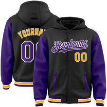 Загрузить изображение в средство просмотра галереи, Custom Black Purple-Gold Bomber Full-Snap Varsity Letterman Two Tone Hoodie Jacket
