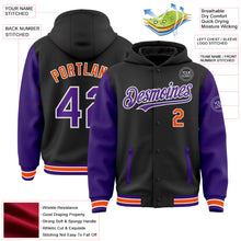 Загрузить изображение в средство просмотра галереи, Custom Black Purple-Orange Bomber Full-Snap Varsity Letterman Two Tone Hoodie Jacket
