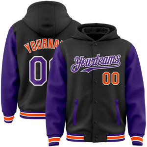 Custom Black Purple-Orange Bomber Full-Snap Varsity Letterman Two Tone Hoodie Jacket