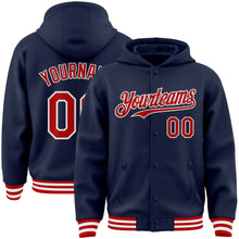 Загрузить изображение в средство просмотра галереи, Custom Navy Red-White Bomber Full-Snap Varsity Letterman Hoodie Jacket
