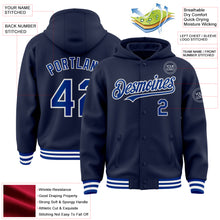 Загрузить изображение в средство просмотра галереи, Custom Navy Royal-White Bomber Full-Snap Varsity Letterman Hoodie Jacket
