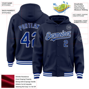 Custom Navy Royal-White Bomber Full-Snap Varsity Letterman Hoodie Jacket