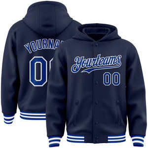 Custom Navy Royal-White Bomber Full-Snap Varsity Letterman Hoodie Jacket