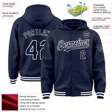 Загрузить изображение в средство просмотра галереи, Custom Navy White Bomber Full-Snap Varsity Letterman Hoodie Jacket
