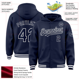 Custom Navy White Bomber Full-Snap Varsity Letterman Hoodie Jacket