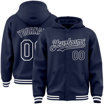 Custom Navy White Bomber Full-Snap Varsity Letterman Hoodie Jacket