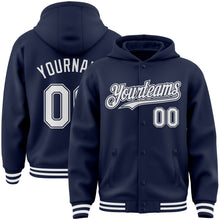 Загрузить изображение в средство просмотра галереи, Custom Navy White Bomber Full-Snap Varsity Letterman Hoodie Jacket
