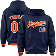 Загрузить изображение в средство просмотра галереи, Custom Navy Orange-White Bomber Full-Snap Varsity Letterman Hoodie Jacket
