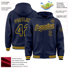 Загрузить изображение в средство просмотра галереи, Custom Navy Gold Bomber Full-Snap Varsity Letterman Hoodie Jacket
