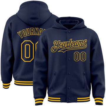 Custom Navy Gold Bomber Full-Snap Varsity Letterman Hoodie Jacket