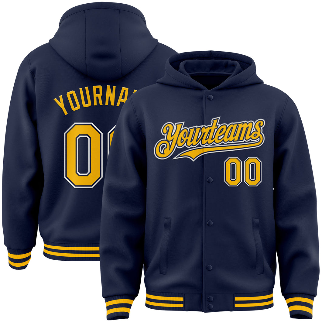 Custom Navy Gold-White Bomber Full-Snap Varsity Letterman Hoodie Jacket