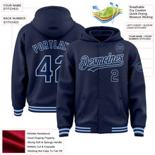 Загрузить изображение в средство просмотра галереи, Custom Navy Light Blue Bomber Full-Snap Varsity Letterman Hoodie Jacket
