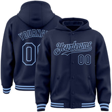 Загрузить изображение в средство просмотра галереи, Custom Navy Light Blue Bomber Full-Snap Varsity Letterman Hoodie Jacket
