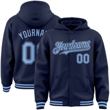 Загрузить изображение в средство просмотра галереи, Custom Navy Light Blue Bomber Full-Snap Varsity Letterman Hoodie Jacket
