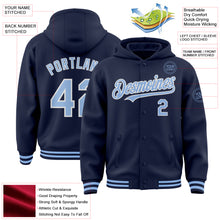 Загрузить изображение в средство просмотра галереи, Custom Navy Light Blue-White Bomber Full-Snap Varsity Letterman Hoodie Jacket
