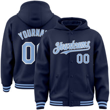 Загрузить изображение в средство просмотра галереи, Custom Navy Light Blue-White Bomber Full-Snap Varsity Letterman Hoodie Jacket
