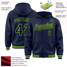 Загрузить изображение в средство просмотра галереи, Custom Navy Neon Green Bomber Full-Snap Varsity Letterman Hoodie Jacket
