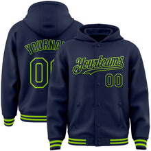 Загрузить изображение в средство просмотра галереи, Custom Navy Neon Green Bomber Full-Snap Varsity Letterman Hoodie Jacket
