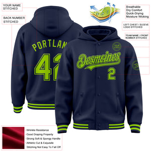 Custom Navy Neon Green Bomber Full-Snap Varsity Letterman Hoodie Jacket