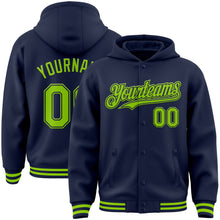 Загрузить изображение в средство просмотра галереи, Custom Navy Neon Green Bomber Full-Snap Varsity Letterman Hoodie Jacket
