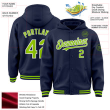 Загрузить изображение в средство просмотра галереи, Custom Navy Neon Green-White Bomber Full-Snap Varsity Letterman Hoodie Jacket
