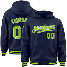 Загрузить изображение в средство просмотра галереи, Custom Navy Neon Green-White Bomber Full-Snap Varsity Letterman Hoodie Jacket
