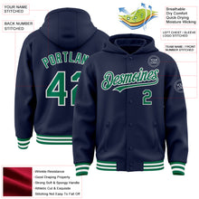 Загрузить изображение в средство просмотра галереи, Custom Navy Kelly Green-White Bomber Full-Snap Varsity Letterman Hoodie Jacket
