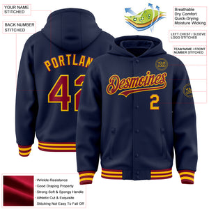 Custom Navy Crimson-Gold Bomber Full-Snap Varsity Letterman Hoodie Jacket