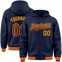 Загрузить изображение в средство просмотра галереи, Custom Navy Crimson-Gold Bomber Full-Snap Varsity Letterman Hoodie Jacket
