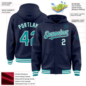 Custom Navy Teal-White Bomber Full-Snap Varsity Letterman Hoodie Jacket