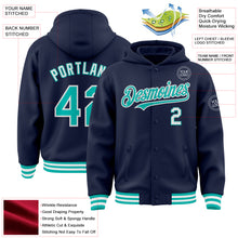 Charger l&#39;image dans la galerie, Custom Navy Aqua-White Bomber Full-Snap Varsity Letterman Hoodie Jacket
