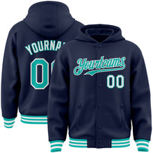 Charger l&#39;image dans la galerie, Custom Navy Aqua-White Bomber Full-Snap Varsity Letterman Hoodie Jacket
