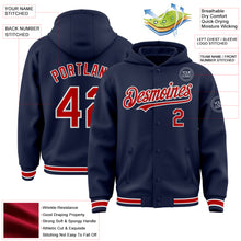 Загрузить изображение в средство просмотра галереи, Custom Navy Red-White Bomber Full-Snap Varsity Letterman Hoodie Jacket
