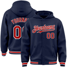 Загрузить изображение в средство просмотра галереи, Custom Navy Red-White Bomber Full-Snap Varsity Letterman Hoodie Jacket
