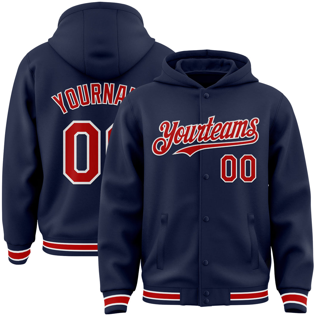 Custom Navy Red-White Bomber Full-Snap Varsity Letterman Hoodie Jacket