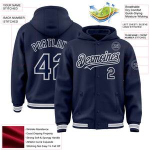 Custom Navy White-Gray Bomber Full-Snap Varsity Letterman Hoodie Jacket