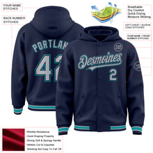 Charger l&#39;image dans la galerie, Custom Navy Gray-Teal Bomber Full-Snap Varsity Letterman Hoodie Jacket
